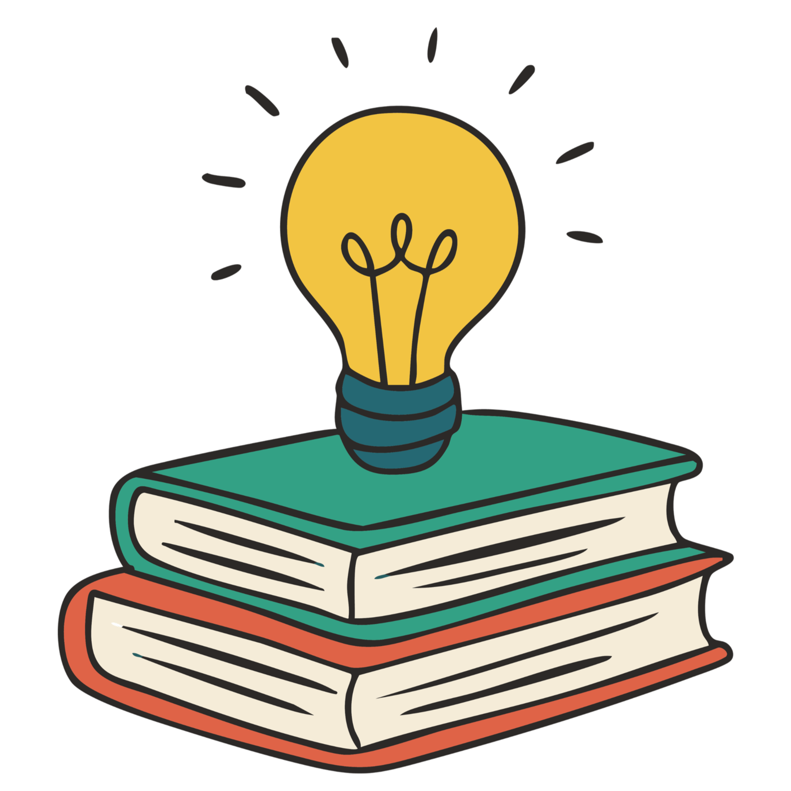 Stack of three books with a yellow light bulb glowing on top.