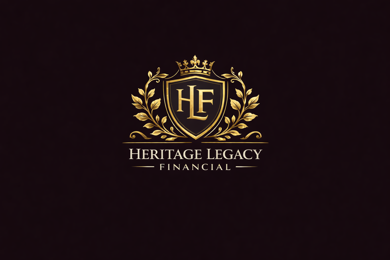 Logo for Heritage Legacy Financial with a gold shield, crown, and laurel leaves on a black background.