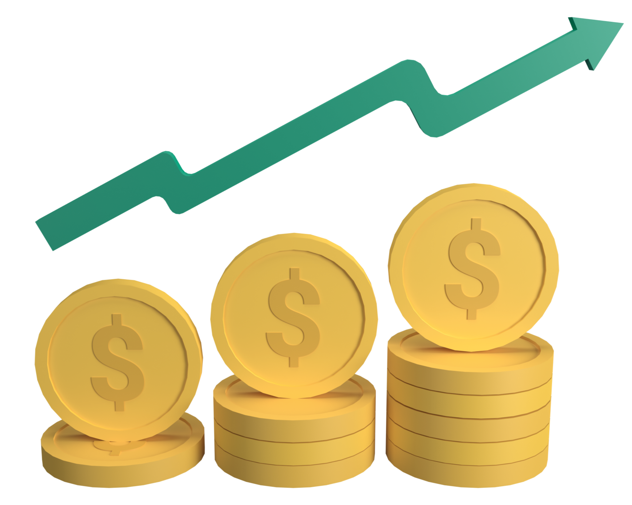 Graphic of a green upward trending arrow above stacked gold coins with dollar signs, representing financial growth or profit.