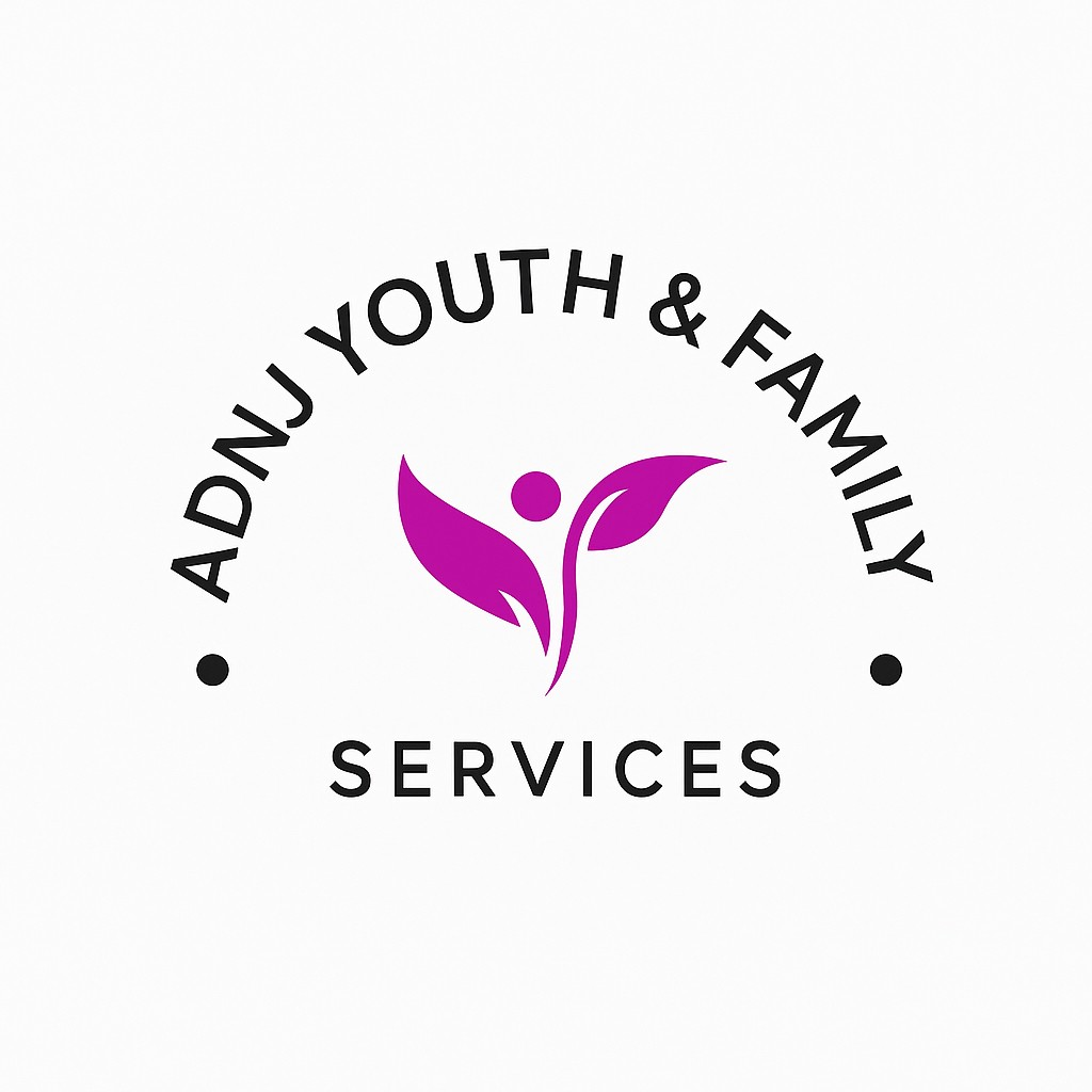 Logo for Addy Youth & Family Services featuring a stylized purple human figure with leaf-shaped arms and a head, surrounded by the organization name in black text on a white background.