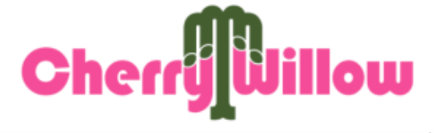 Logo for Cherry Willow featuring pink text and a green hand in the center.
