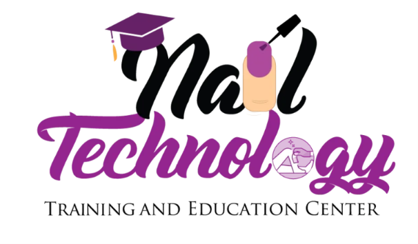 Logo for Nail Technology Training and Education Center featuring a purple graduation cap and nail polish brush.