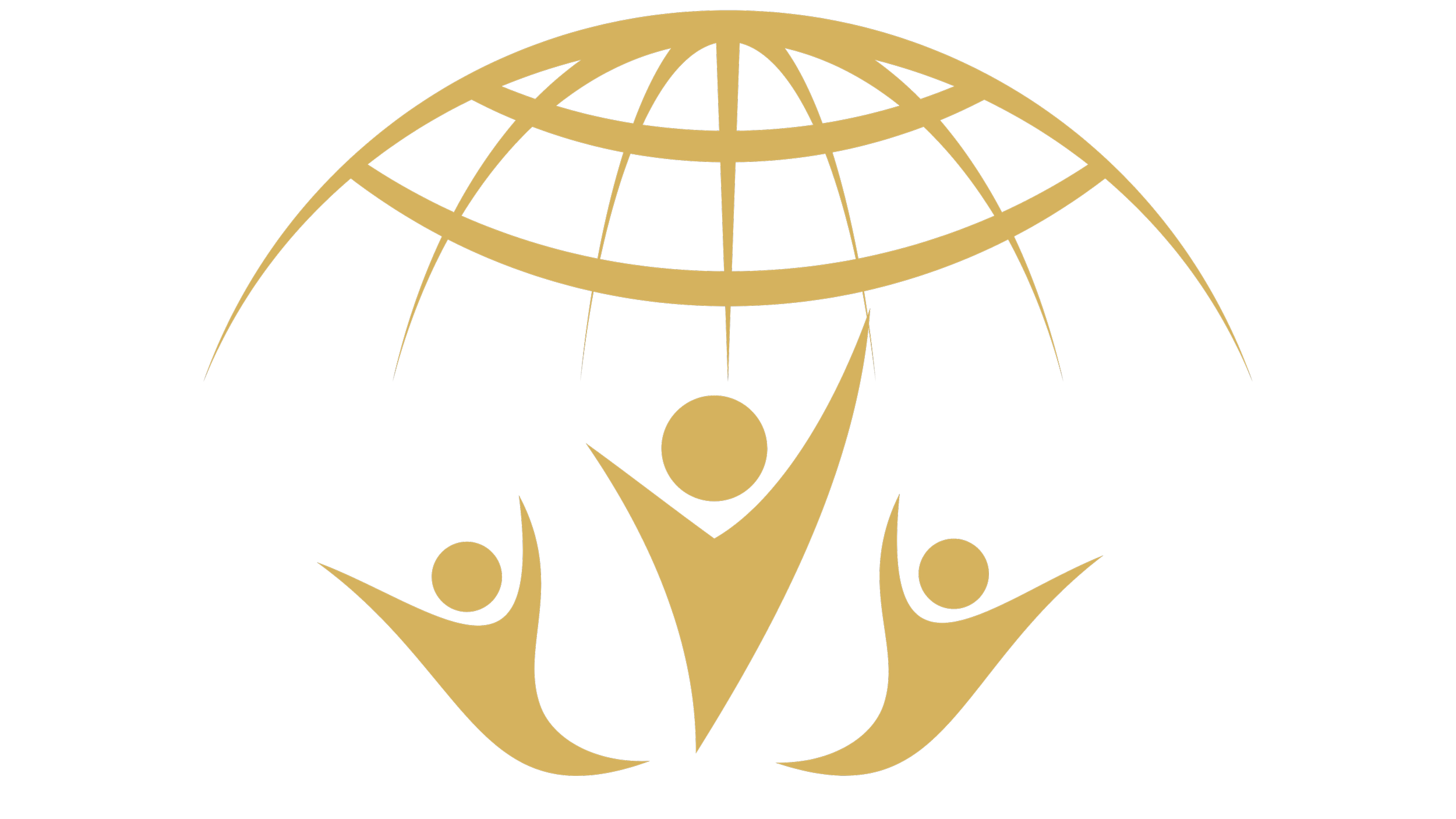 Gold abstract geometric logo with a stylized globe and human figures on a black background.