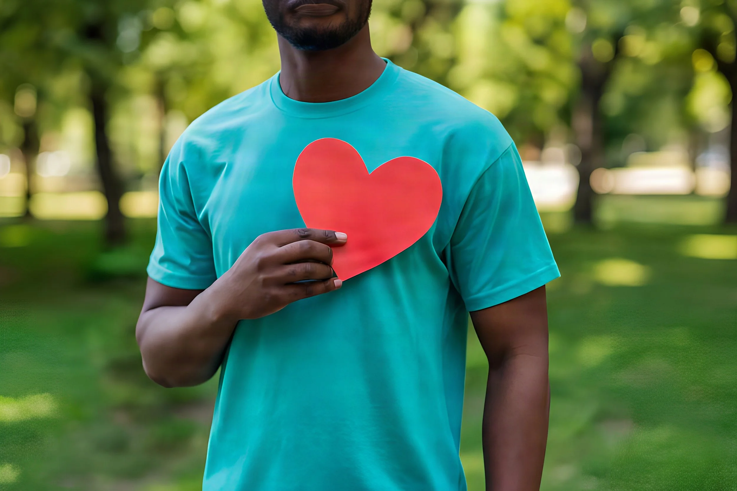 A person holding a red paper heart in front of their chest outdoors on a sunny day.