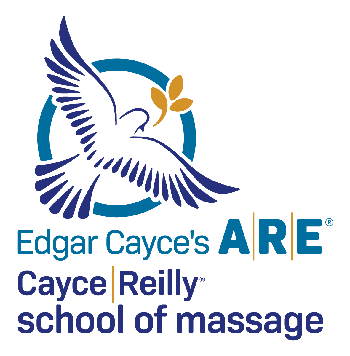 Logo for Edgar Cayce's A.R.E. Cayce Reilly School of Massage, featuring a stylized bird with outstretched wings, a circle, and a branch with leaves.