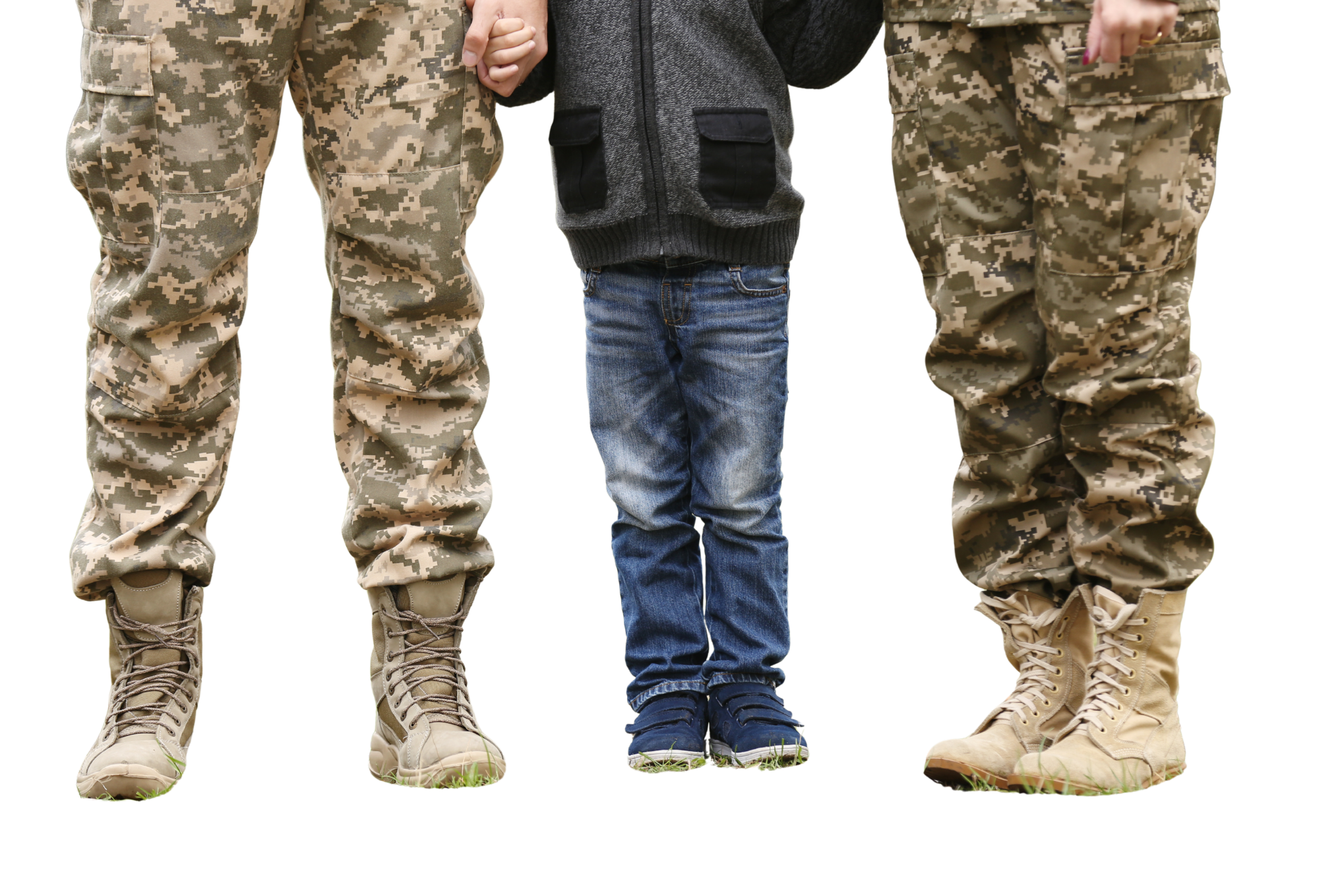 Close-up of three people holding hands. The two on the left and right are wearing camouflage military pants and tan combat boots. The person in the center is wearing a gray jacket with black pockets and blue jeans.