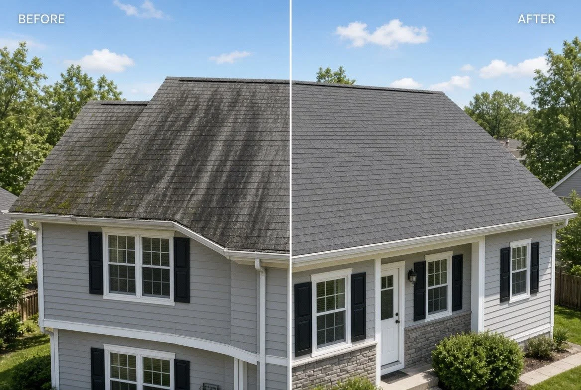 Roof before-and-after result showing a clean roof