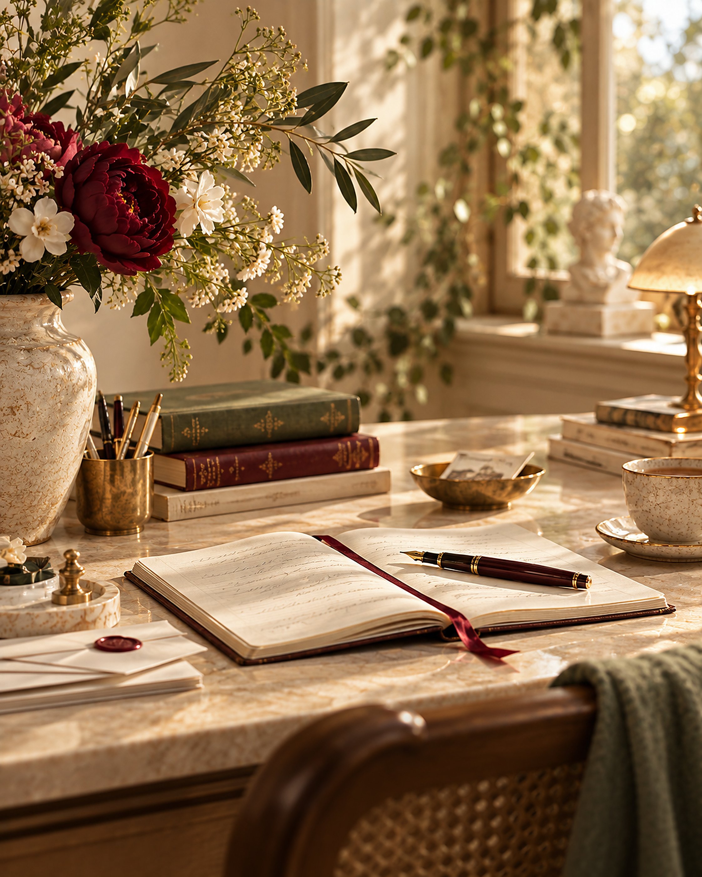 Elegant writing desk with an open notebook, burgundy flowers and warm natural light.
