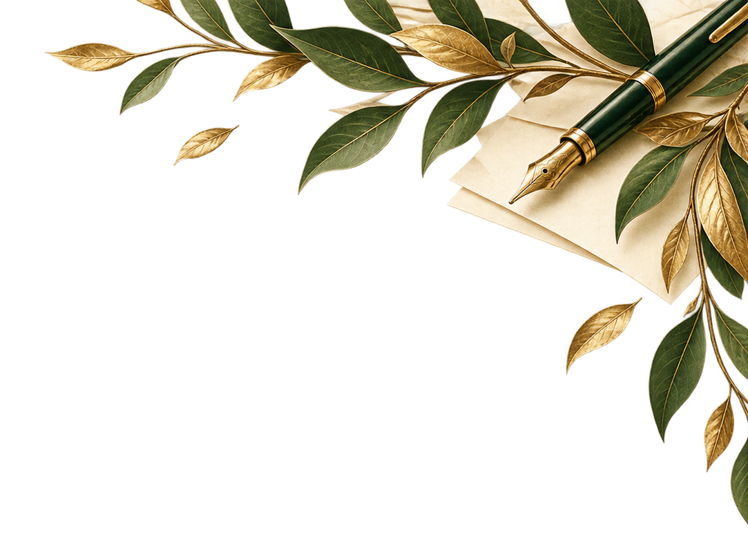 Gold fountain pen surrounded by green and golden leaves.