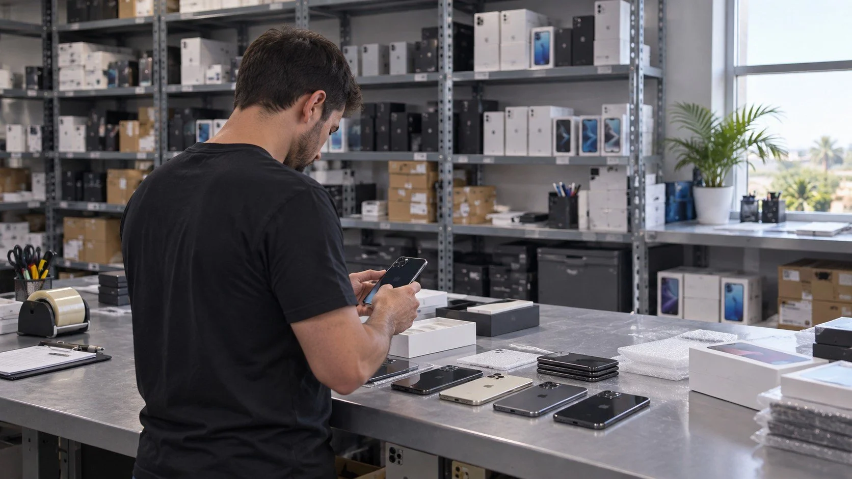 Persona revisando iPhones sobre una mesa de trabajo, con estanterías de equipos al fondo