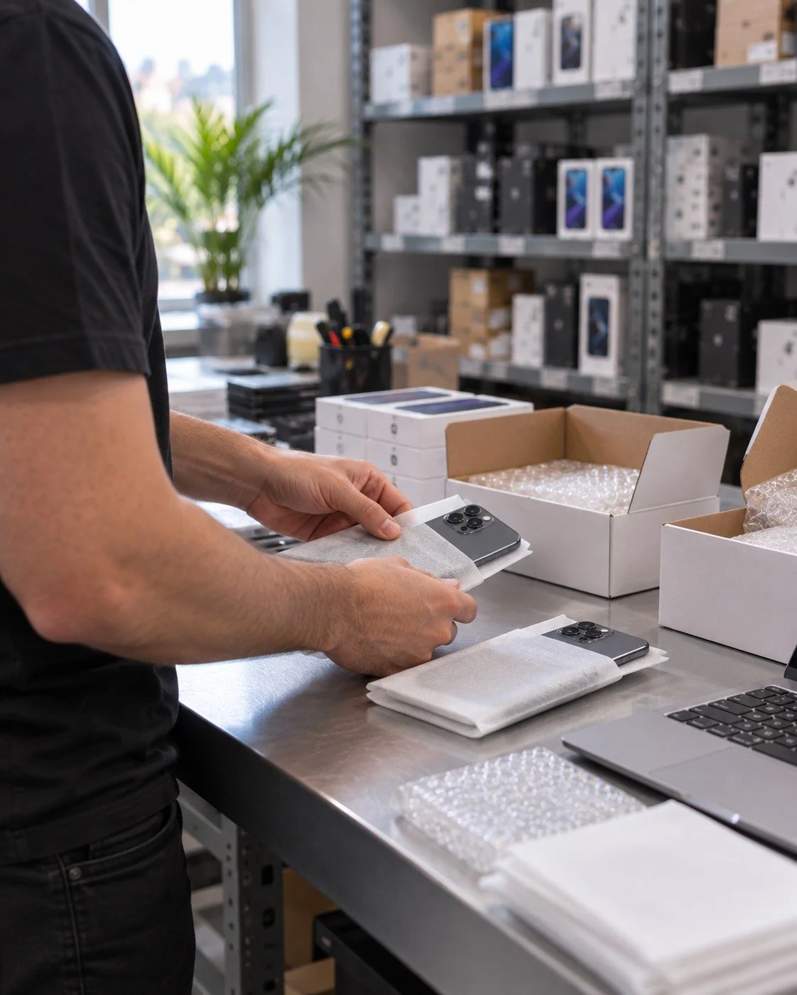Persona embalando iPhones para un pedido sobre una mesa de trabajo