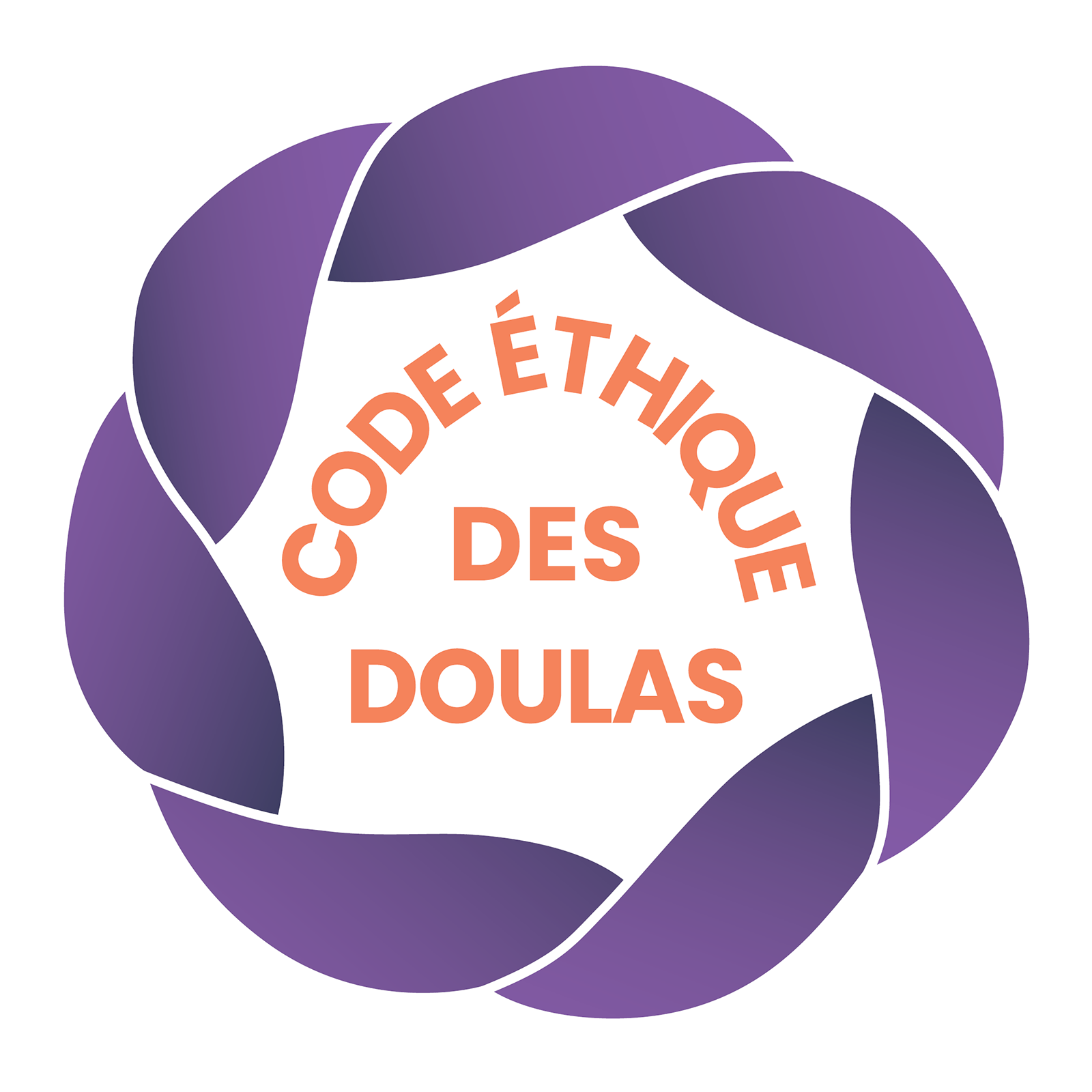 Logo avec un motif de fleurs violet foncé et texte orangé en français