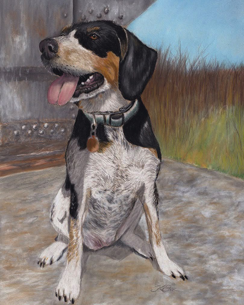 Painting of a happy hound dog with its mouth open and tongue out, sitting on a concrete floor, with grass and sky in the background.