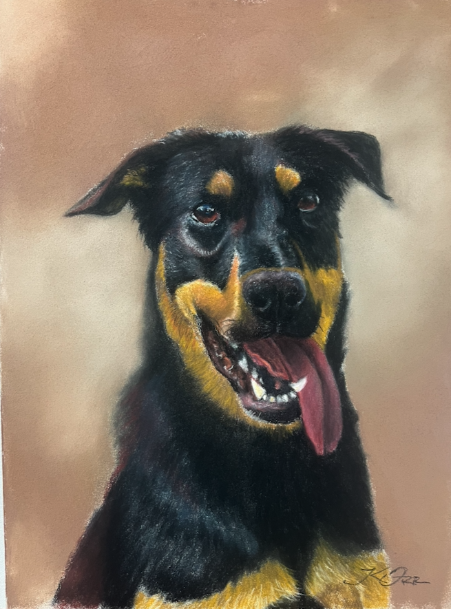 Portrait drawing of a black and tan dog with a happy expression, open mouth, tongue hanging out, and brown eyes.