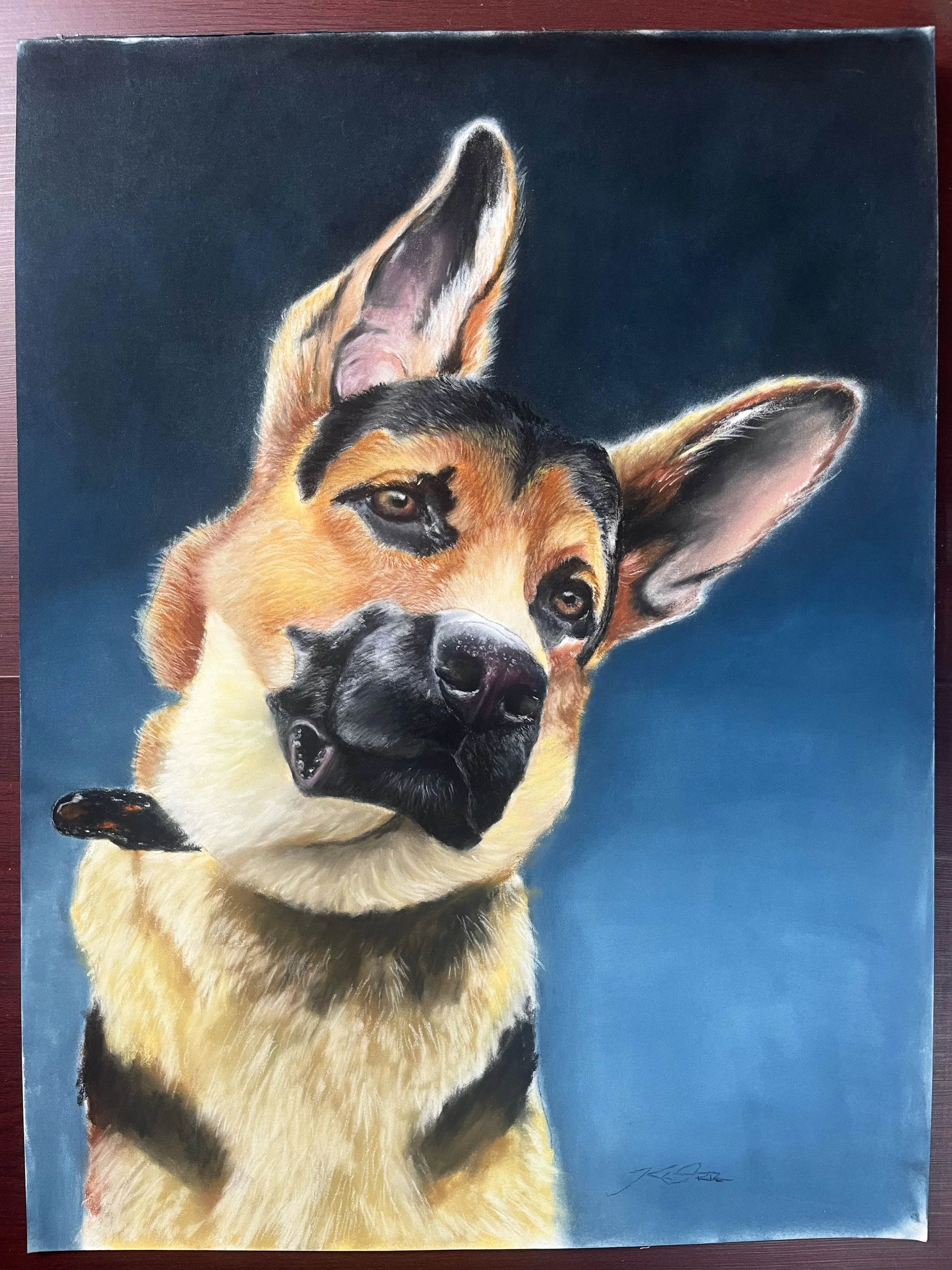 A realistic painting of a German Shepherd dog, showing the head and part of the body, with a dark background.