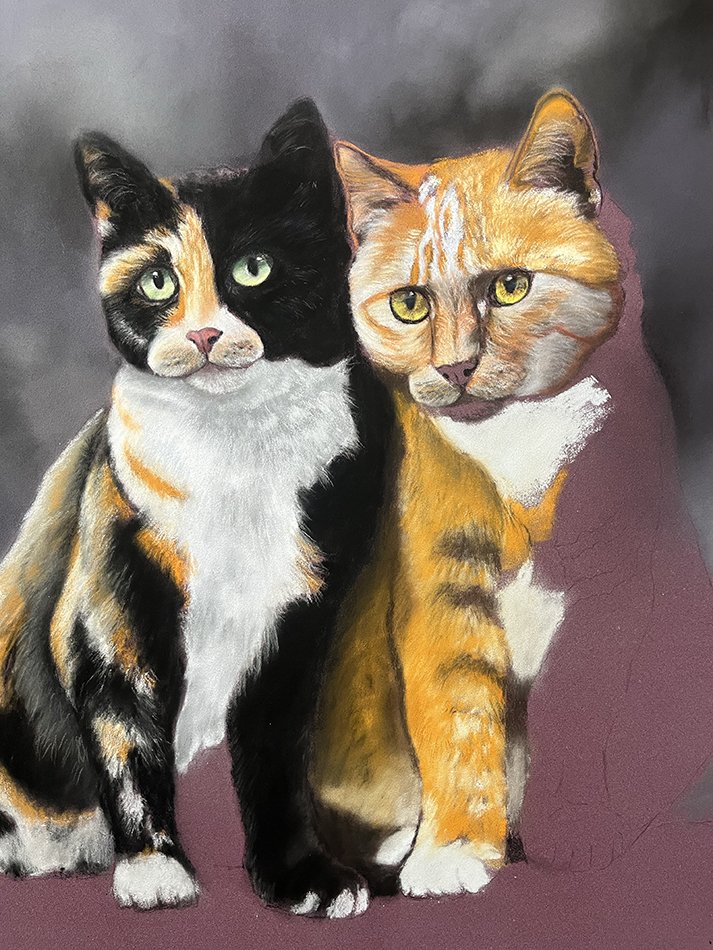 Close-up of two cats peeking out from behind green foliage. One cat is ginger and the other is a calico with black, orange, and white fur.