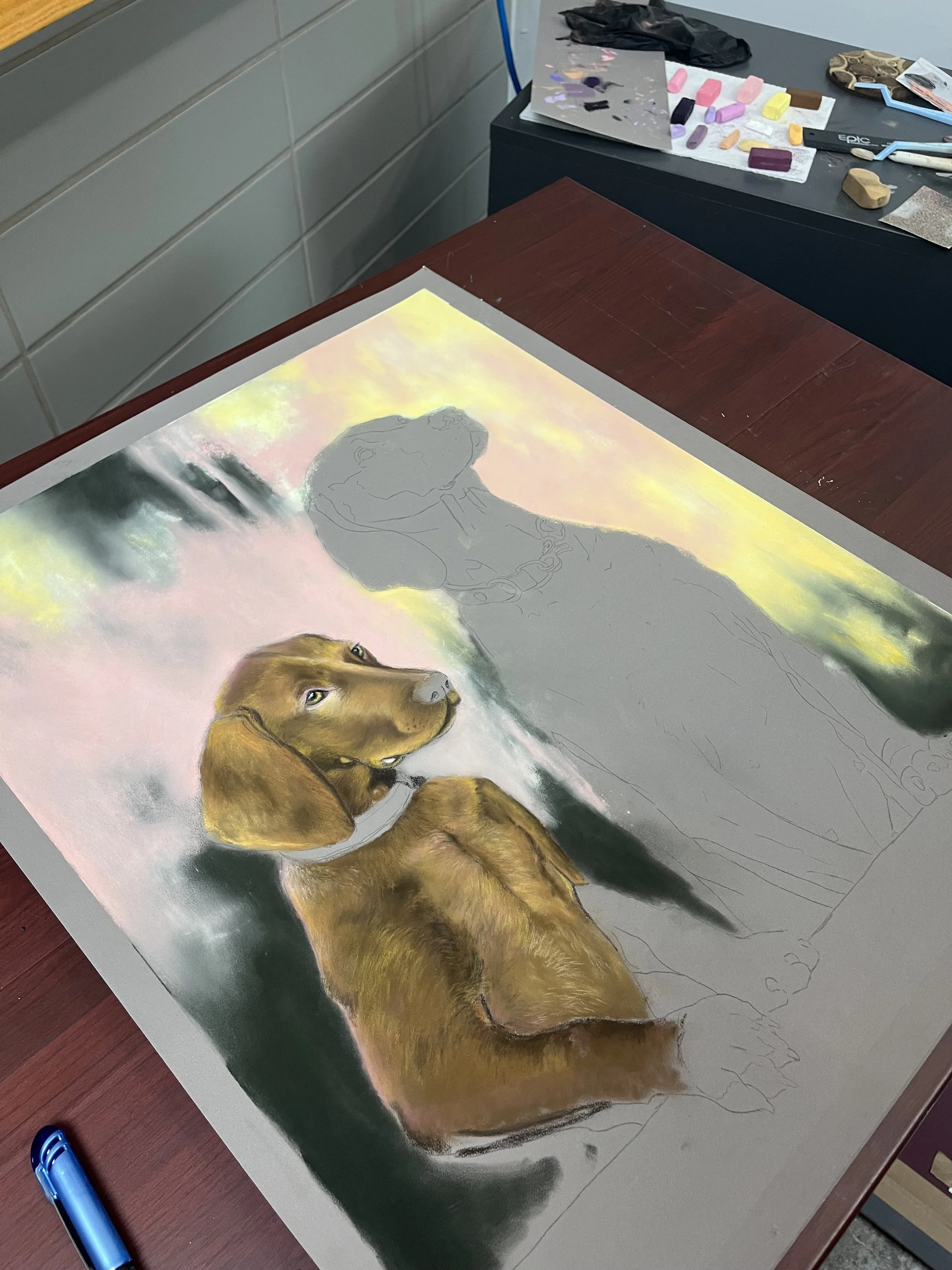 The image shows an art project in progress featuring a realistic painting of a brown dog with a detailed face, sitting on a grassy background. The top part of the artwork is still a sketch outline, with some colors partially filled in. The workspace 