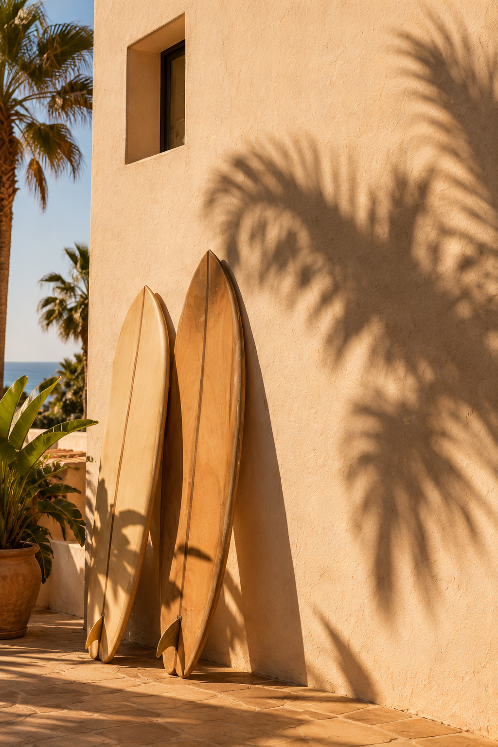 Two surfboards leaning against a sun-washed stucco wall with palm tree shadows.