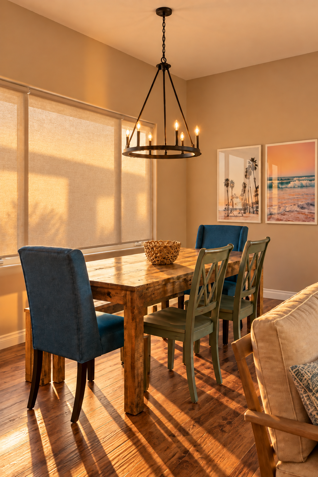 Warm, sunlit dining room at Castle Tower Neblina in Oceanside, California.