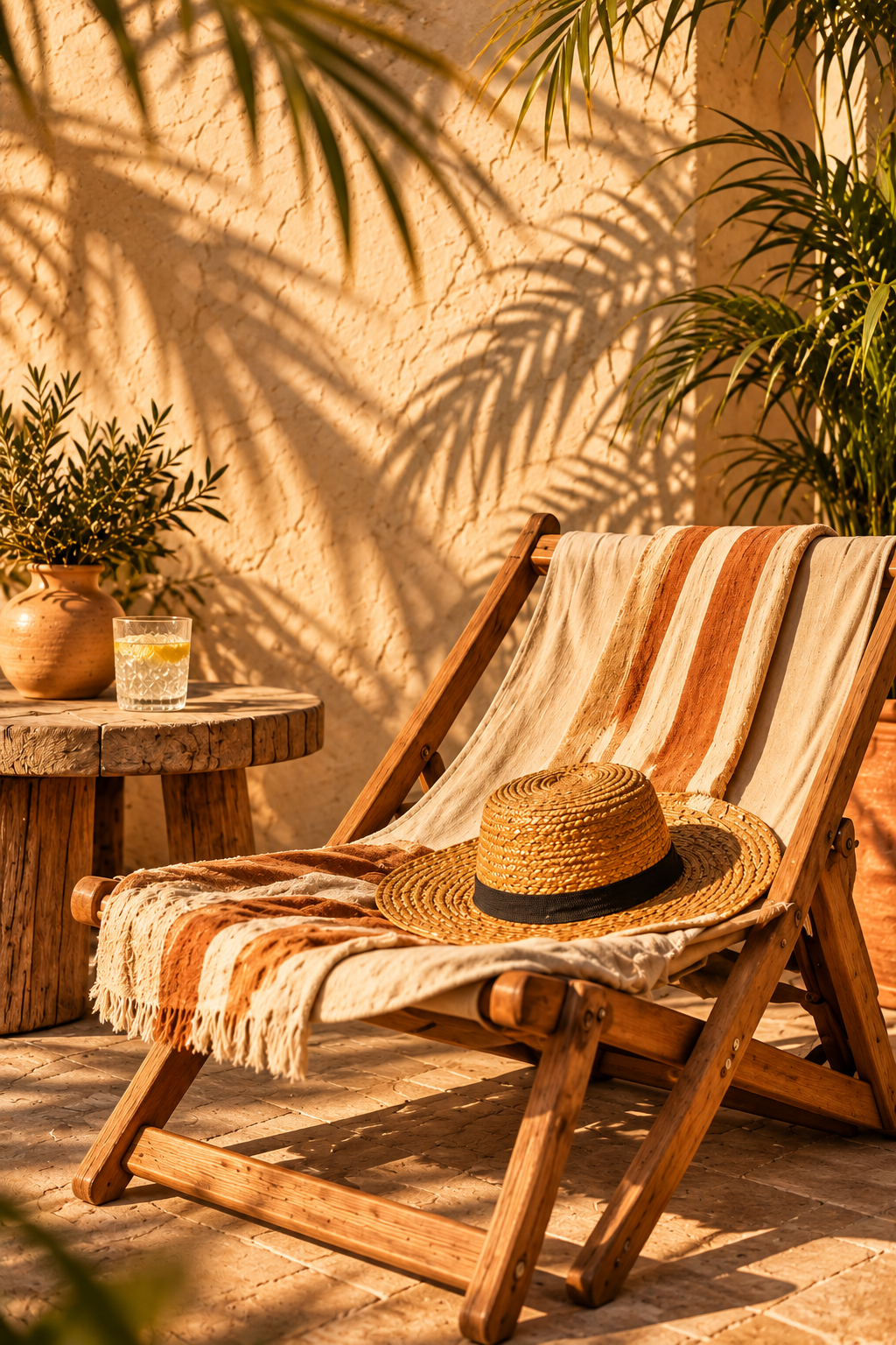 Sun-drenched outdoor lounge with warm stucco, natural textures and relaxed coastal California style