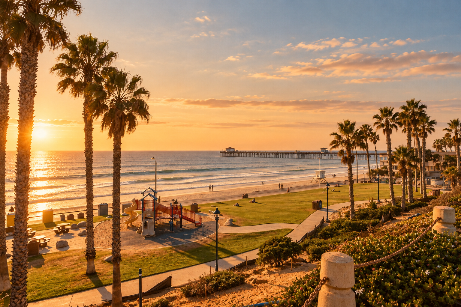 Golden-hour view of the Southern California coast with palm trees, beach and pier.