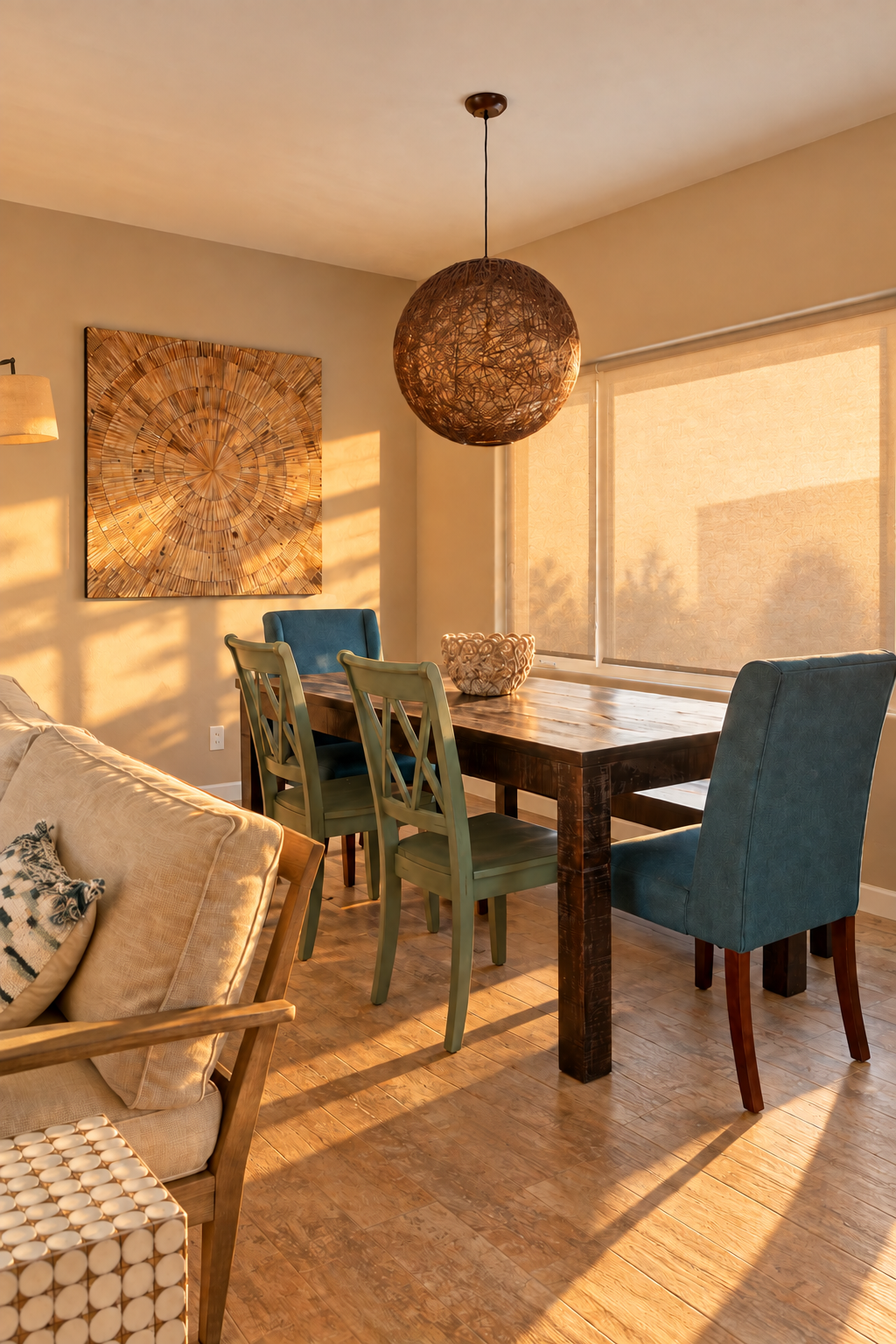 Warm, sunlit dining room at Castle Tower Arena in Oceanside, California