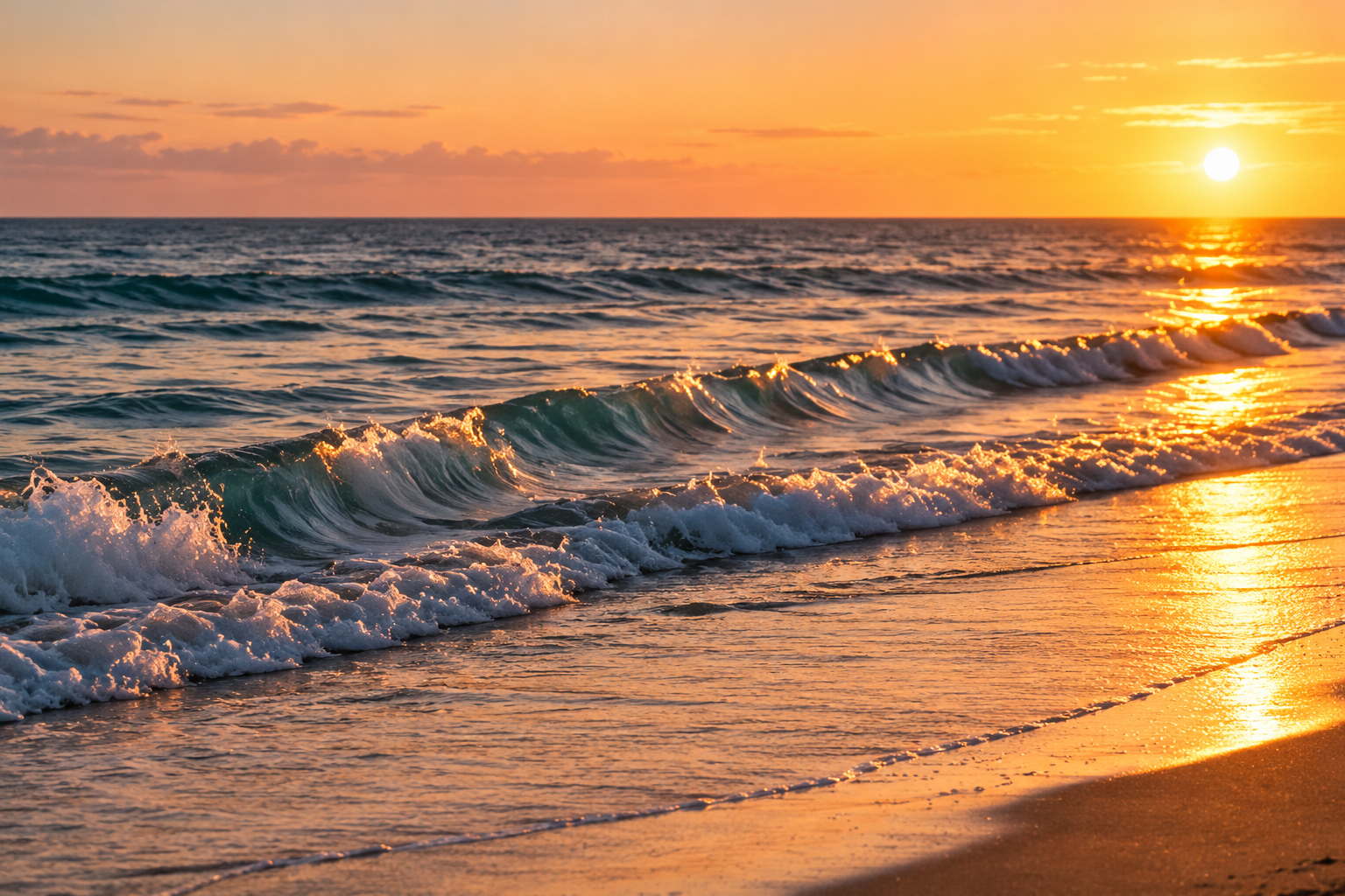 Ocean waves along the Southern California coast at golden-hour sunset.