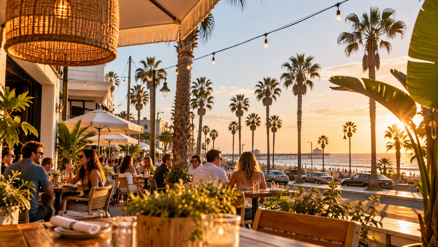 Outdoor dining patio near the coast in Oceanside, California, with palm trees and sunset ocean views.