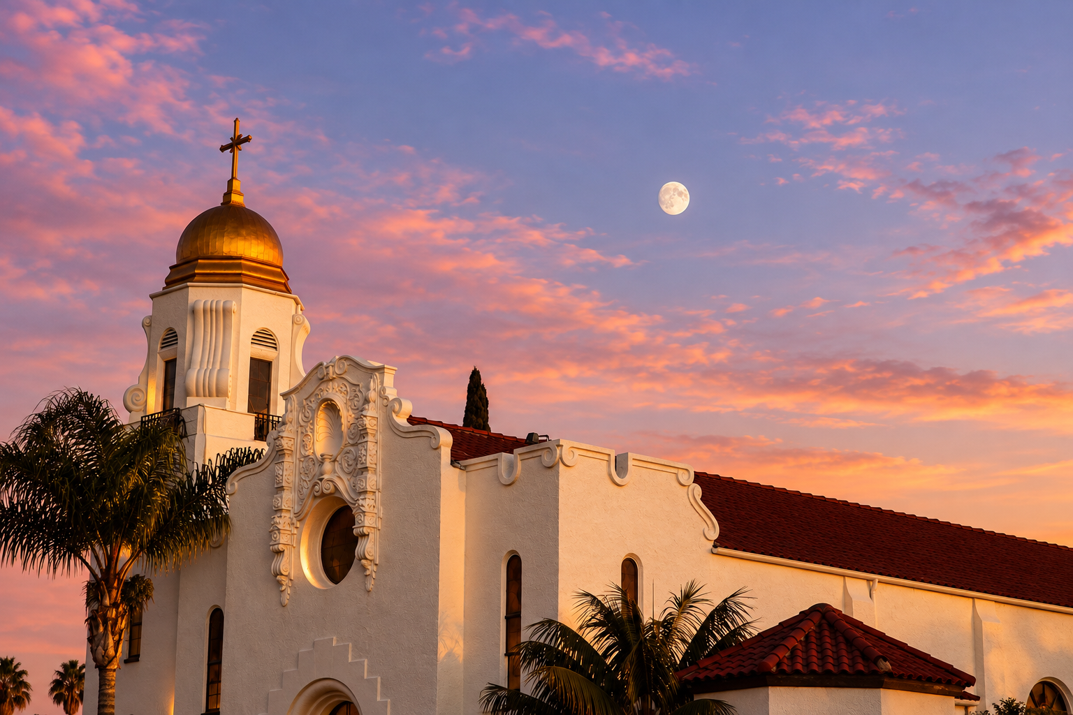 Historic Spanish-style church in Oceanside, California at twilight beneath a colorful coastal sky.
