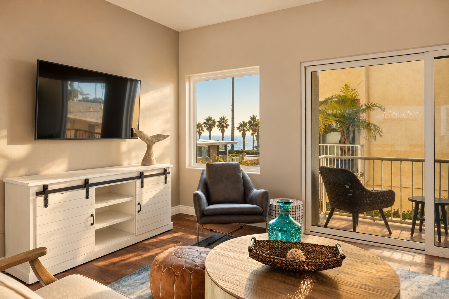 Living room at Castle Tower Neblina with ocean and palm tree views in Oceanside, California