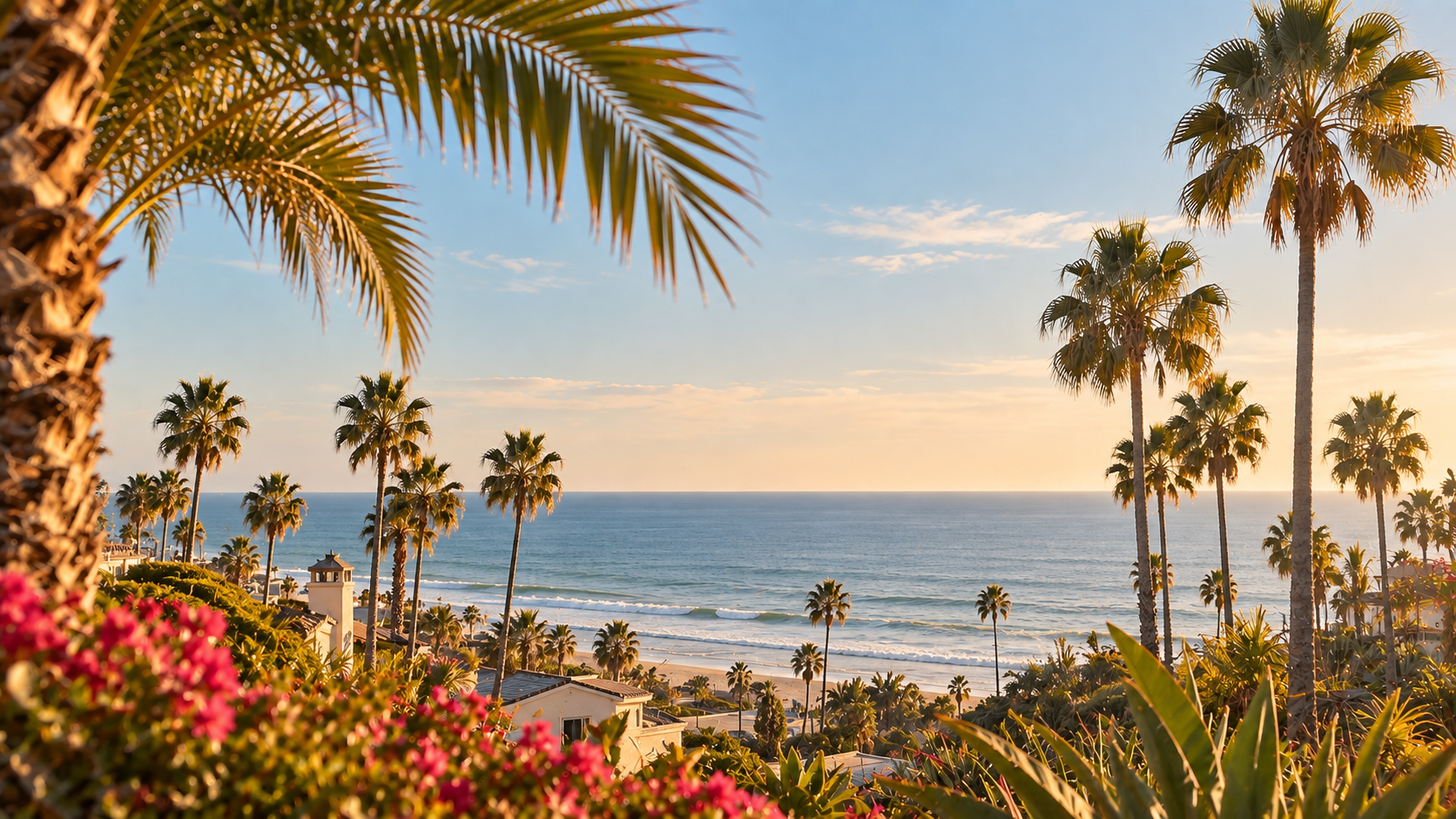 Palm-framed coastal view overlooking the Pacific Ocean in Oceanside, California.