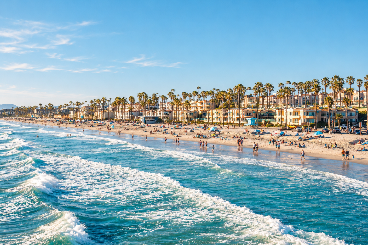 Sunny Oceanside beach with waves, palm trees, and beachfront homes along the Southern California coast