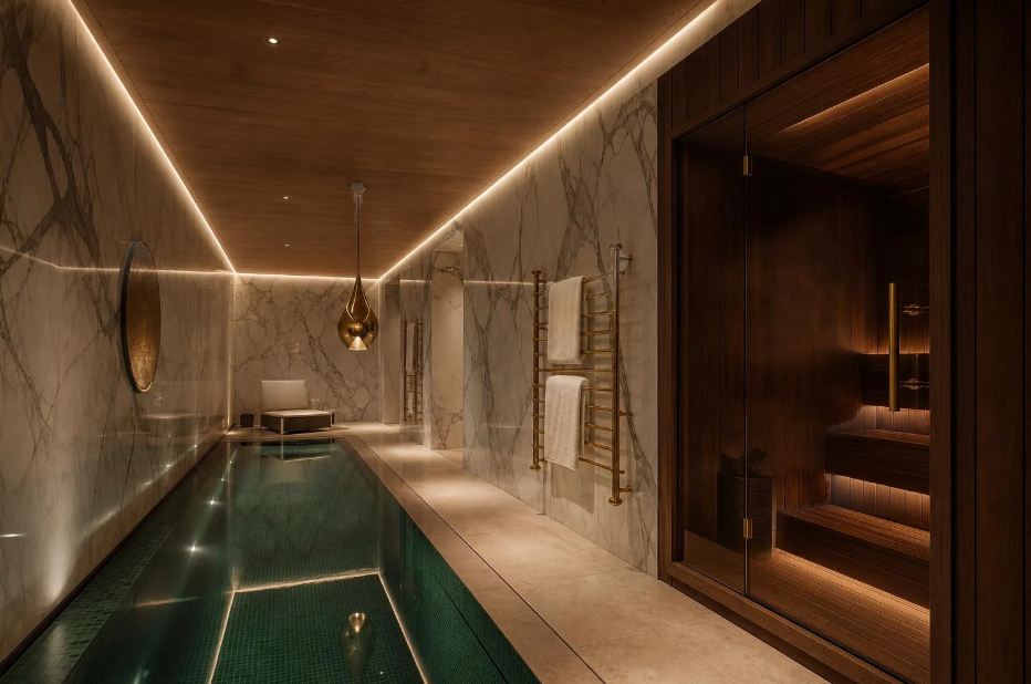Luxurious indoor pool area with marble walls, wooden ceiling with LED strip lighting, and a glass-walled sauna room with warm lighting.