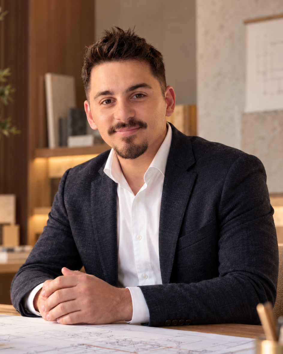 A man in a dark blazer and white shirt sitting at a table with hands together, smiling at the camera inside a modern office or workspace.