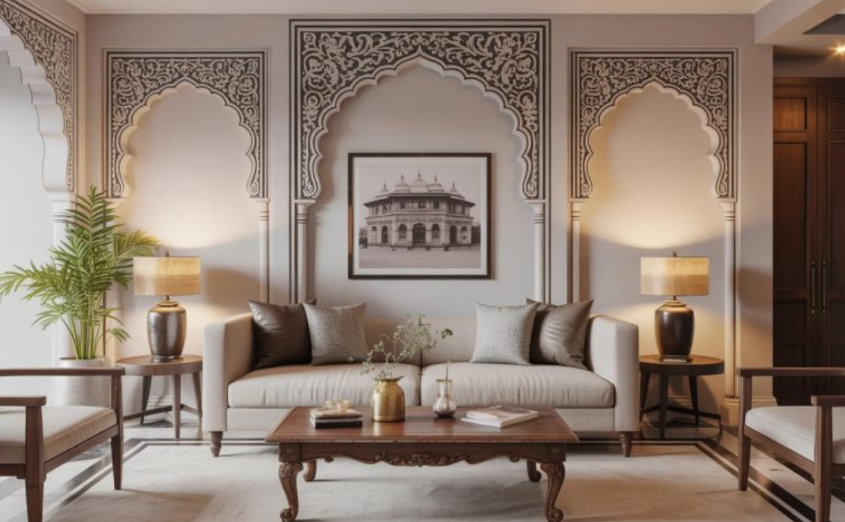 Elegant living room with a beige sofa, decorative pillows, a wooden coffee table, and side tables with lamps, featuring ornate wall moldings and a framed black and white photo of a building.