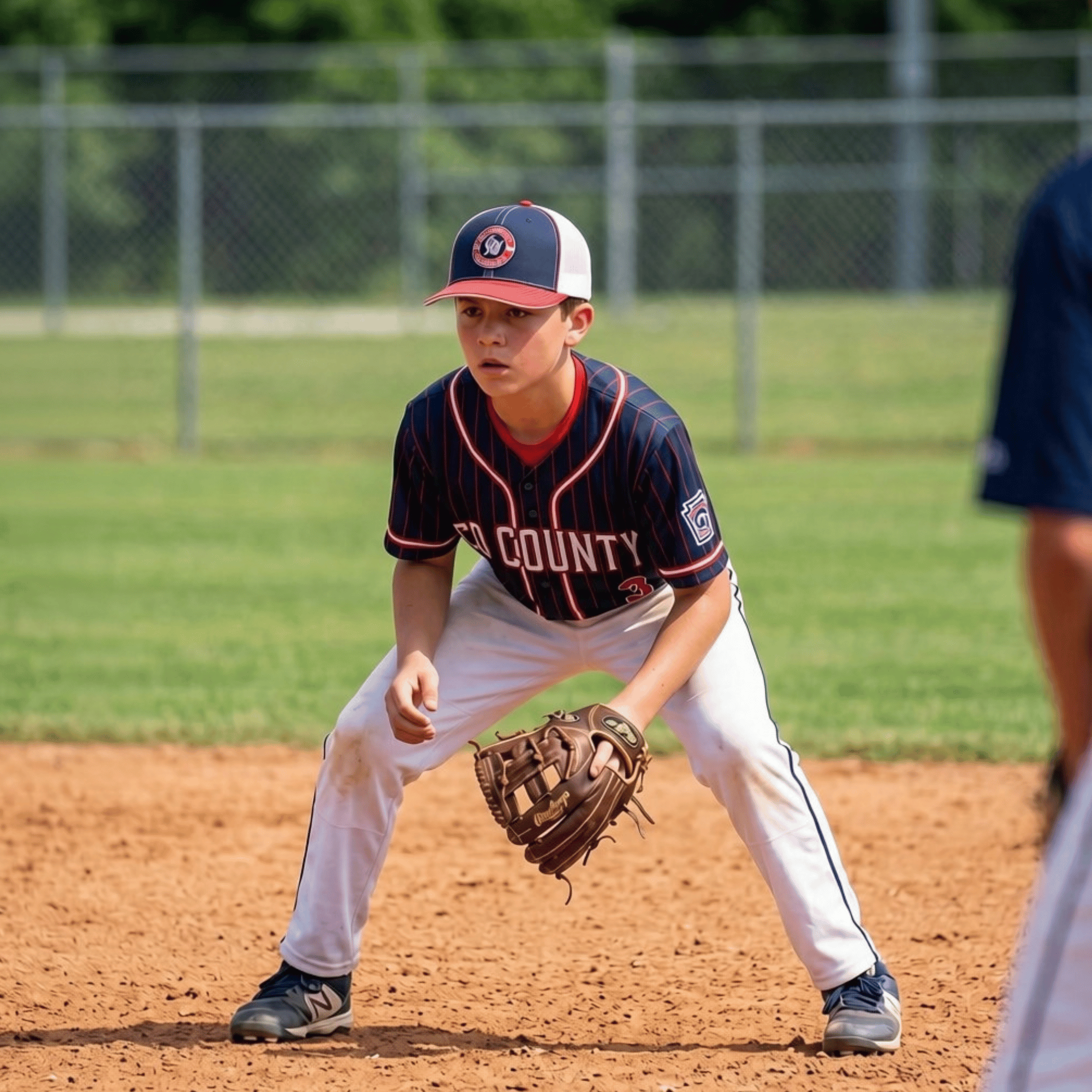 A young baseball player in a black and red uniform wearing a cap and glove, standing in a ready position on the dirt field during a game.