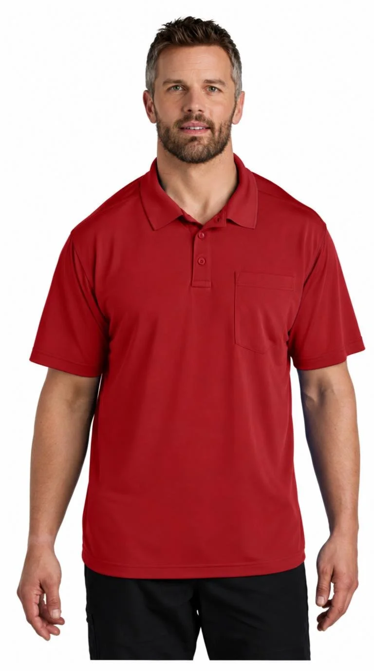 A man with short brown hair and a beard wearing a red polo shirt and black pants, standing against a white background.