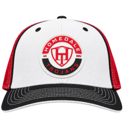 White and black baseball cap with red accents, featuring a 'Homedale Trojans' logo patch on the front.