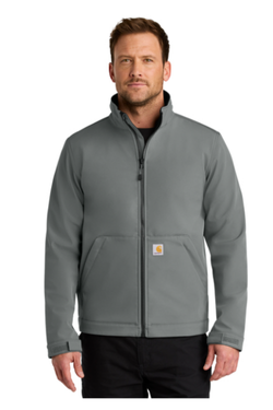 Man wearing a gray Carhartt zip-up jacket, standing against a white background.