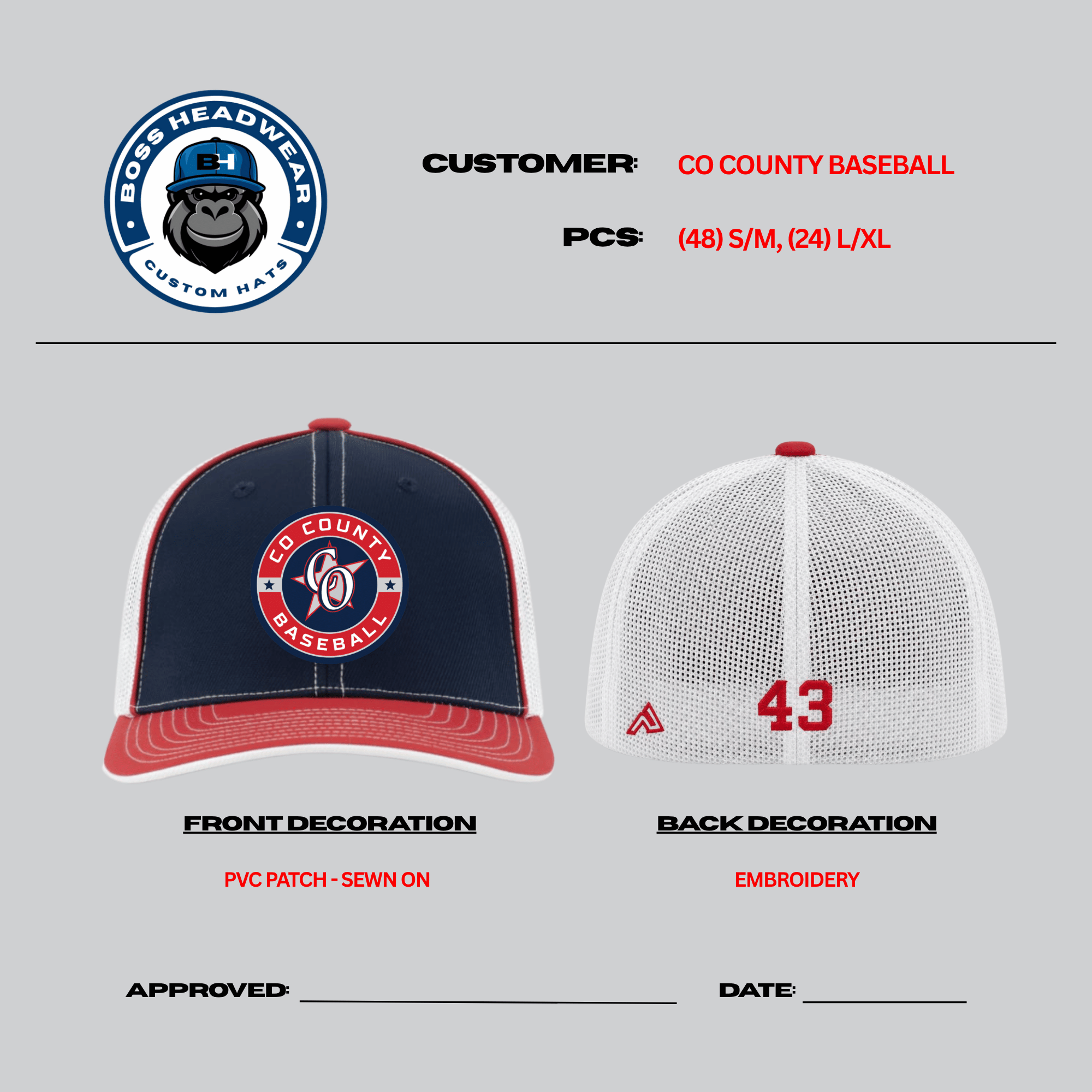 Display of two baseball caps, one with a navy blue and red color scheme featuring a logo with a baseball and the words Coach County Baseball, and the other white with red embroidery of the number 43.