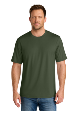 A man wearing a plain dark green T-shirt and blue jeans standing against a white background.