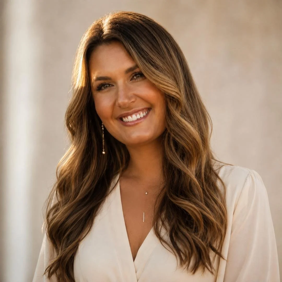 A woman with long, wavy brown hair, smiling, wearing a white top, pearl earrings, and layered necklaces, in natural lighting.