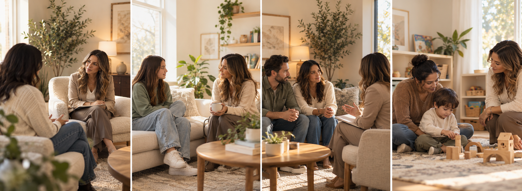 A family discussion in a cozy living room with large windows, plants, and bookshelf, featuring adult women and a young boy playing with wooden toys.