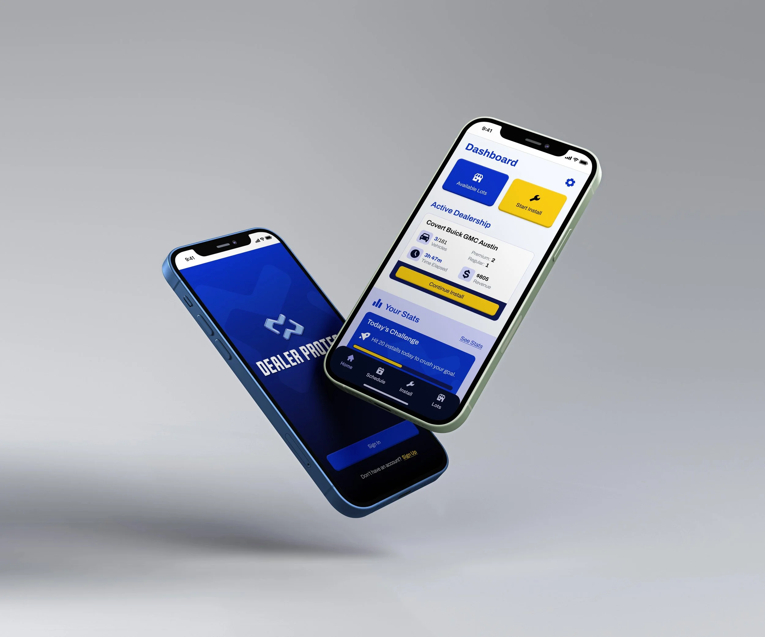 Two smartphones, one blue and one white, displaying an app dashboard related to car dealership management with options for available lots and start install, set against a plain gray background.