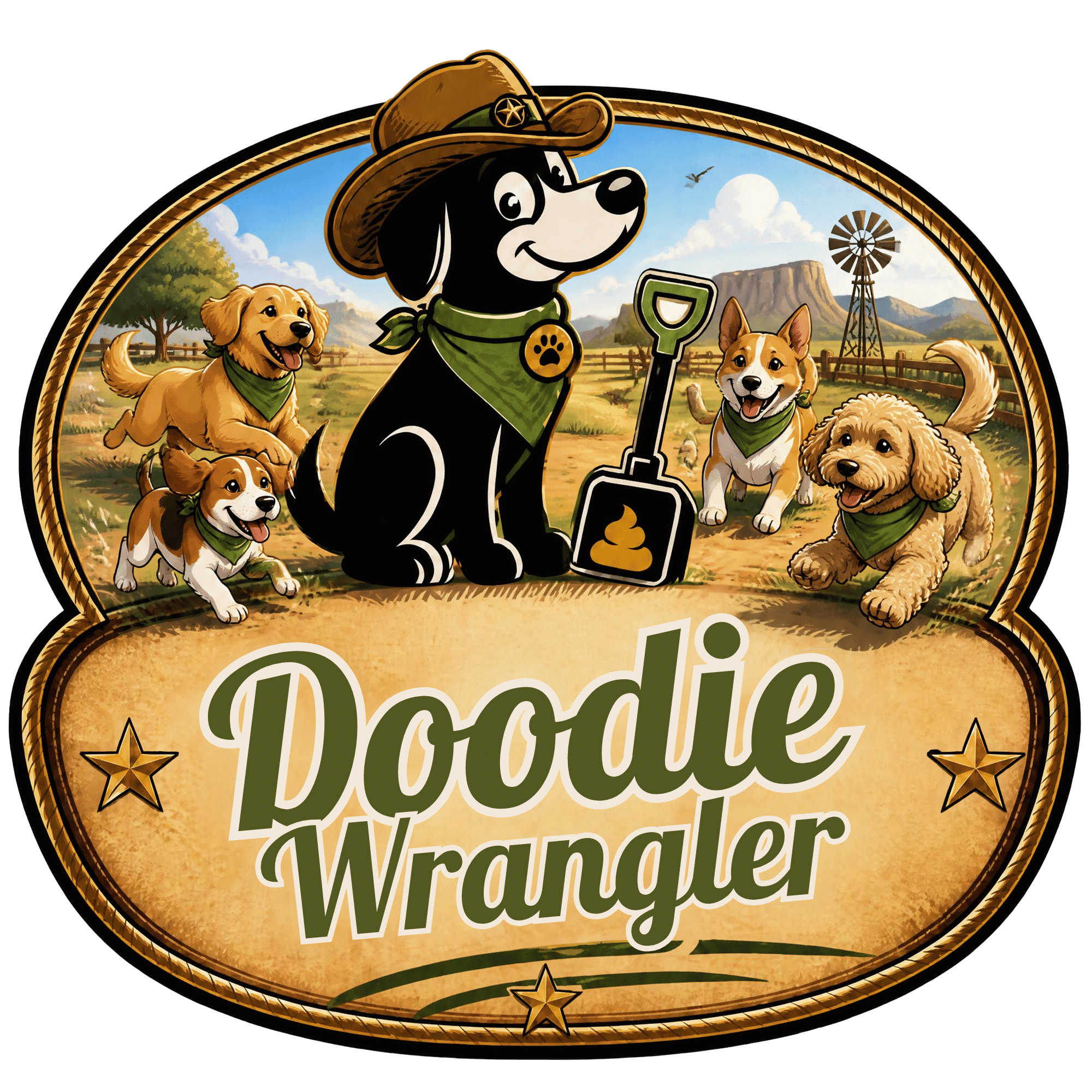 Illustration of a farm scene with a black dog wearing a cowboy hat, a bandana, and a gold badge, holding a shovel, surrounded by happy dogs, with a background of mountains, trees, and a windmill.