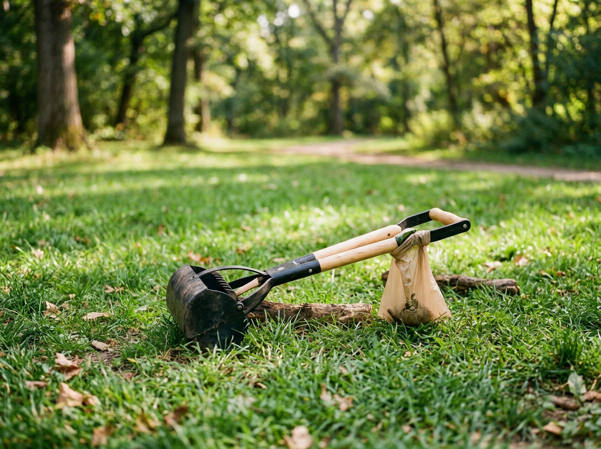 Garden shovel resting on a log with a paper bag nearby, in a lush green park with trees and grass