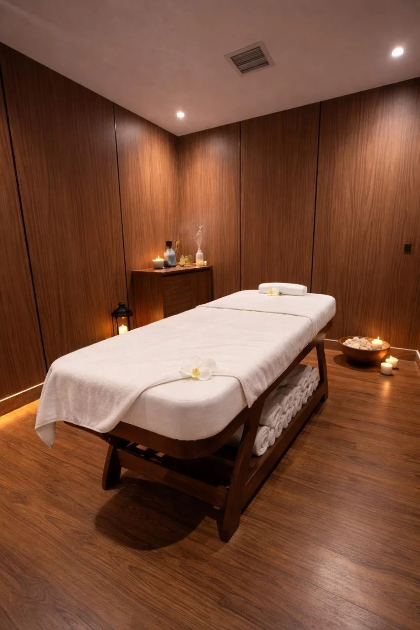 Massage table in a spa room decorated with candles and flowers.