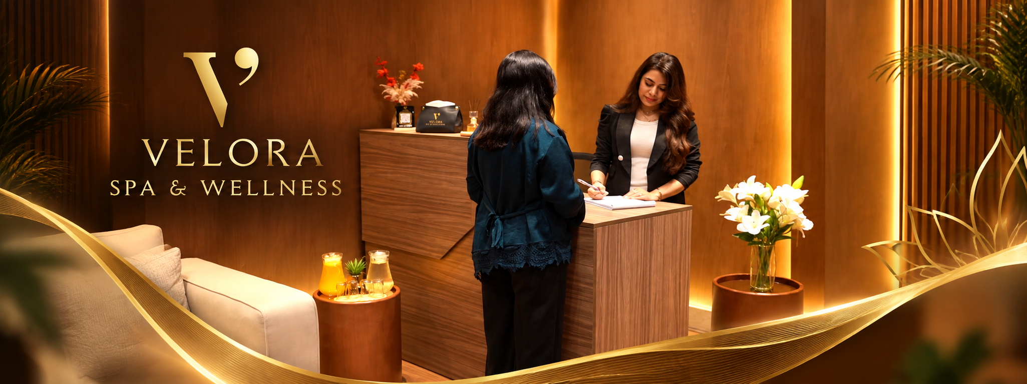 Reception area of Velora Spa & Wellness with a staff member assisting a customer at the front desk, decorated with flowers and warm lighting.