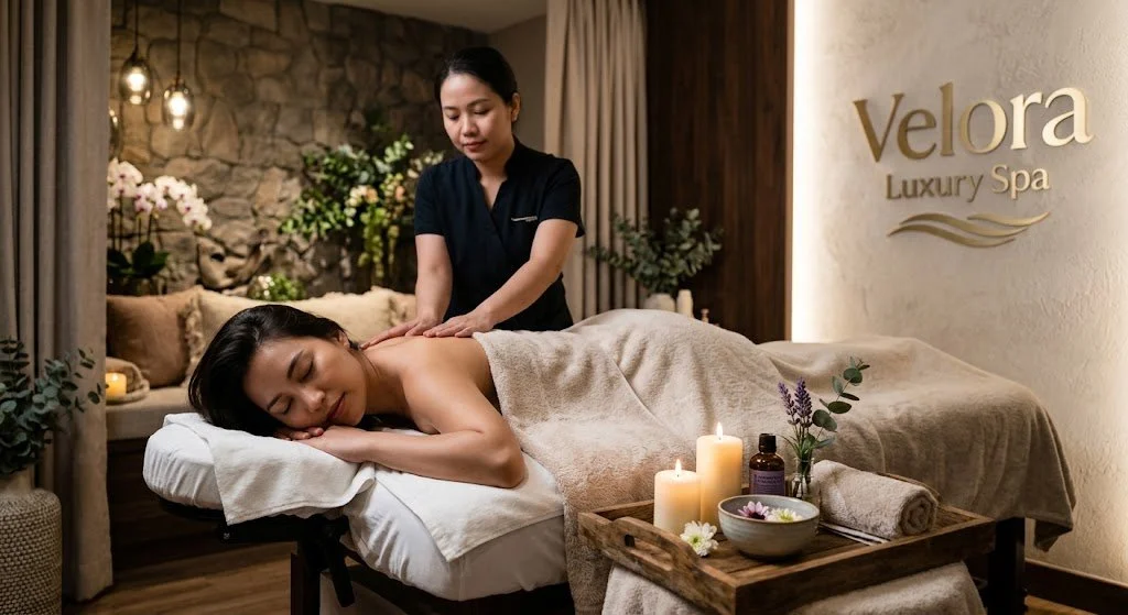 A woman is receiving a massage at Velora Luxury Spa, lying face down with a towel over her lower body in a relaxing, warmly decorated spa room with candles, flowers, and a wall sign reading 'Velora Luxury Spa.'