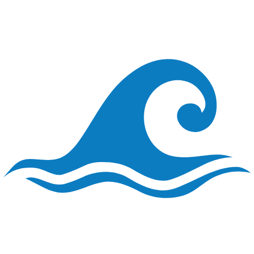 A stylized blue wave with three wavy lines at the bottom